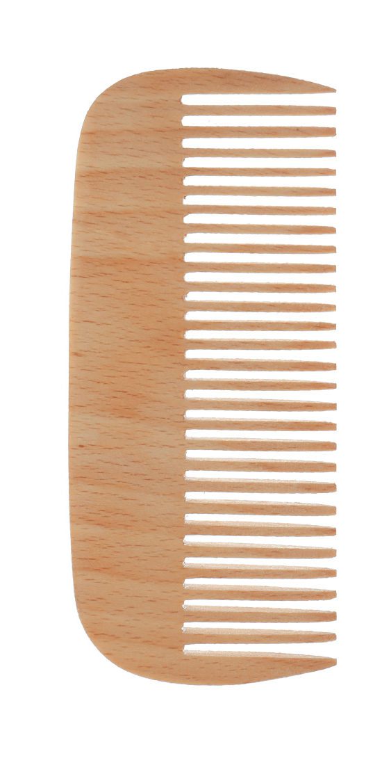 A wooden comb is shown on a white background.