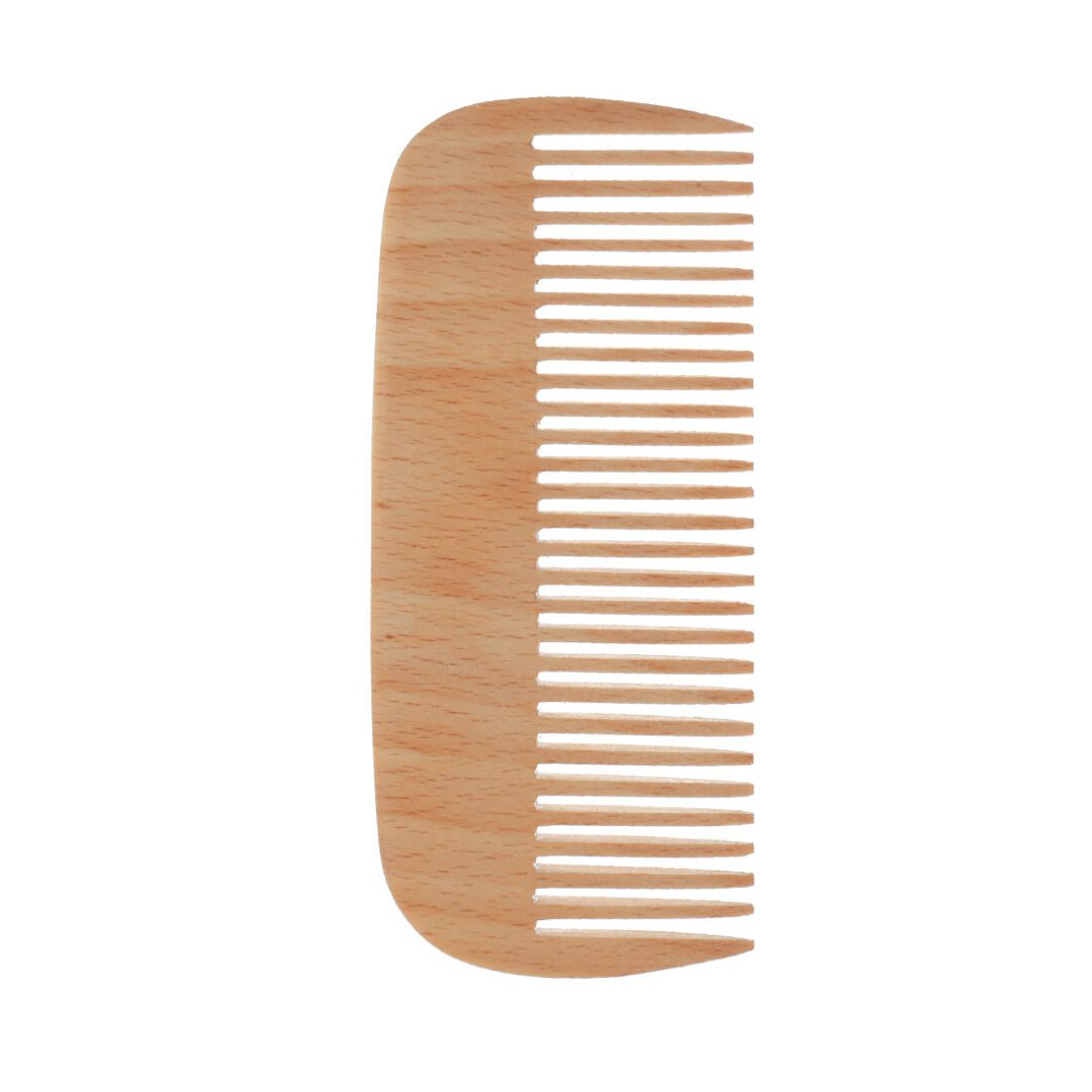 A wooden comb is shown on a white background.