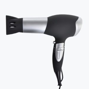 A hair dryer is shown with its cord plugged in.
