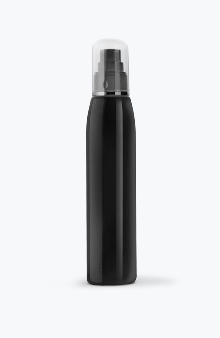 A black bottle with a clear top on the bottom.