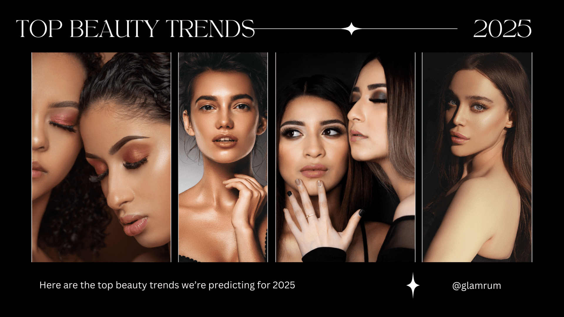 A collage of diverse women showcasing various beauty looks, highlighting the top beauty trends predicted for 2025, featuring natural skin finishes, bold eye makeup, and soft glam aesthetics.